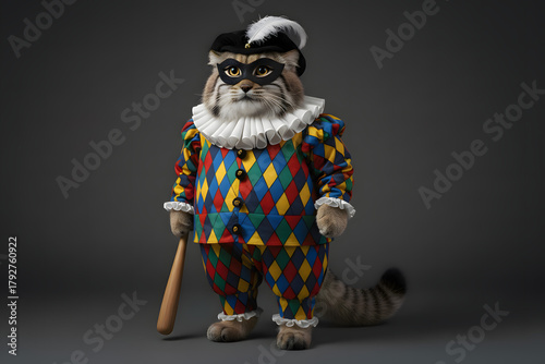 A Pallas's cat in a harlequin costume stands against a gray background