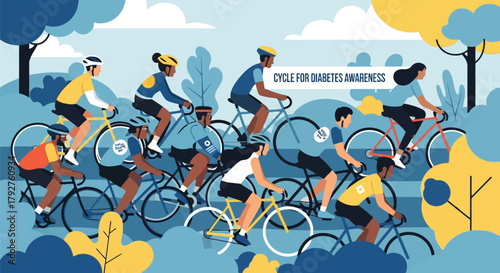 A diverse group of cyclists participating in a cycle for diabetes awareness event, riding through a stylized outdoor landscape with trees and a blue sky