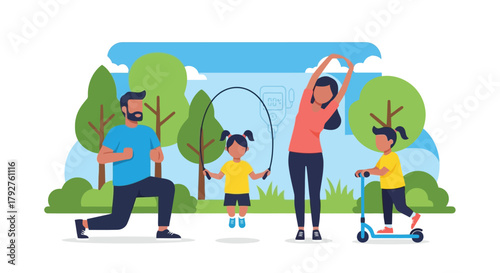 Family exercising together in a park with trees and blue sky, including jumping rope and riding a scooter