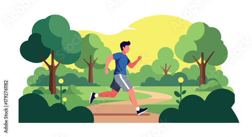 Man running on a path in a park during a sunny day with trees and bushes