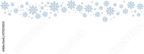 Winter snow border with pale blue snowflakes of varying sizes drifting down from the top edge against a clean white background. Minimalist, cold-toned design suitable for Christmas, New Year