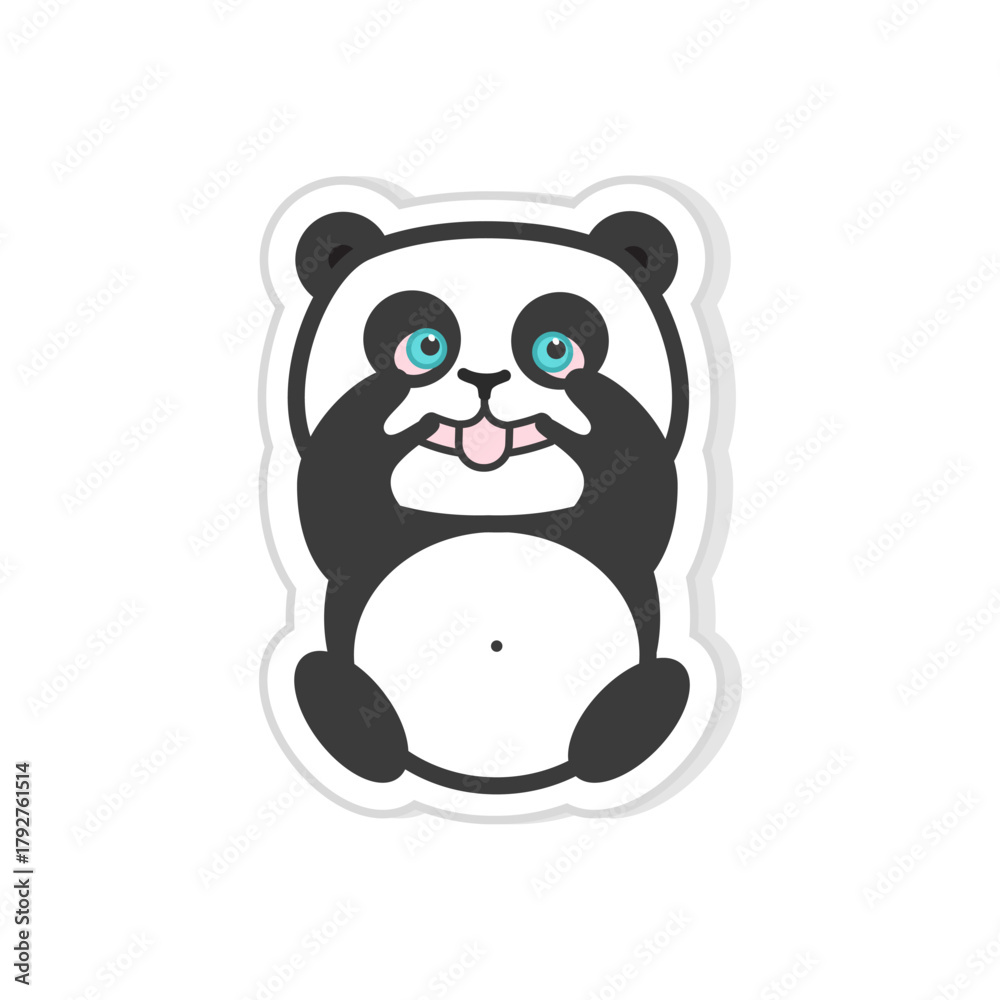 Naklejka premium Cute Cartoon Panda Bear Sitting with Playful Expression and Blue Eyes, Adorable Sticker Design