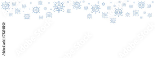 Winter snow border with pale blue snowflakes of varying sizes drifting down from the top edge against a clean white background. Minimalist, cold-toned design suitable for Christmas, New Year