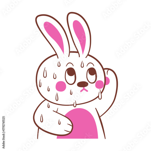 Anxious cartoon rabbit character sweating profusely from stress, worry, and intense heat