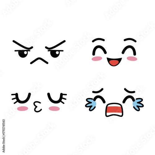 Set of four expressive cartoon faces depicting various emotions like anger, joy, surprise, and sadness