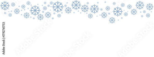 Winter snow border with pale blue snowflakes of varying sizes drifting down from the top edge against a clean white background. Minimalist, cold-toned design suitable for Christmas, New Year