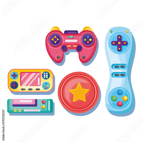 Colorful Collection of Game Controllers, Consoles, and Button Elements, Perfect for Design Projects