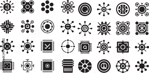 Quantum Computing and Advanced Processor Chip Icon Set Vector