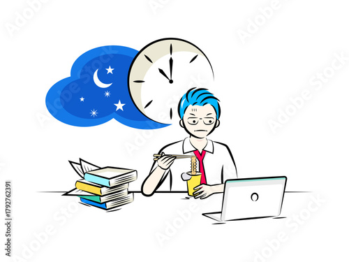 夜遅くまで残業するビジネスマン｜夜食にカップ麺を食べる｜ビジネスシーン