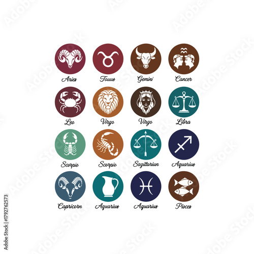 Zodiac signs astrology horoscope symbols icons for taurus aries gemini cancer leo virgo libra