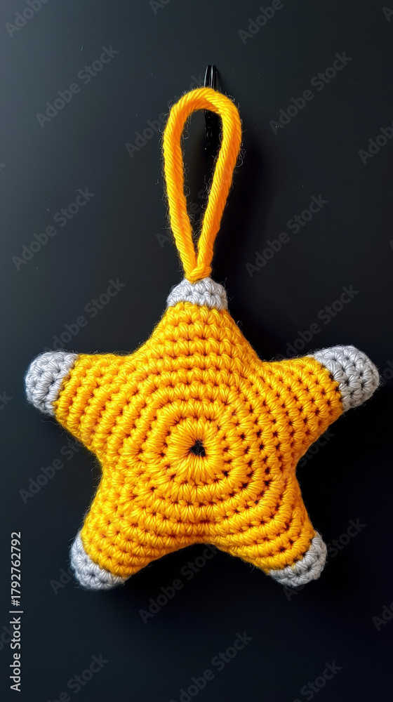 Fototapeta premium Christmas star ornament handmade with yellow and gray yarn adds festive charm to holiday decor and brings joyful spirit to any Christmas
