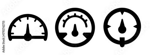 Vector graphic of black gauge speedometer dashboard indicator icons for measurement and control panels