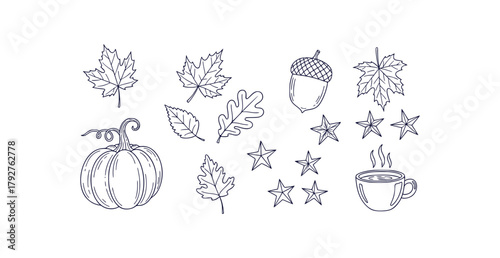 Charming autumn doodle clipart set featuring falling leaves pumpkins acorns stars and cozy cups