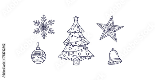 Charming hand drawn black line art christmas doodles featuring festive icons like trees snowflakes stars ornaments and bells