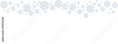 Winter snow border with pale blue snowflakes of varying sizes drifting down from the top edge against a clean white background. Minimalist, cold-toned design suitable for Christmas, New Year