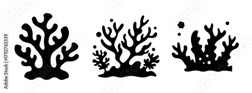 Black and white coral reef silhouette vector art illustration for ocean life designs and prints