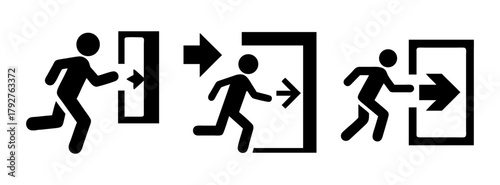Exit strategy icon vector illustration showing people escaping through emergency exit door signs