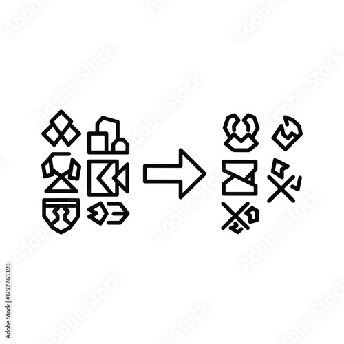 Arrow showing transformation from one set of abstract symbols to another