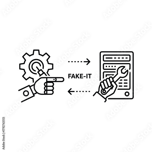 Robot hand pointing at server with wrench and text fakeit