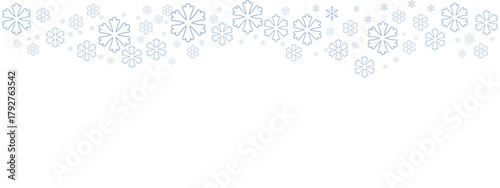 Winter snow border with pale blue snowflakes of varying sizes drifting down from the top edge against a clean white background. Minimalist, cold-toned design suitable for Christmas, New Year