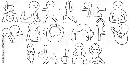 Hand-drawn doodle set of yoga on a white background.