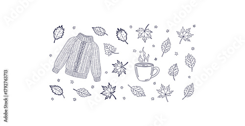 Charming hand drawn autumn doodles featuring a cozy sweater warm mug falling leaves and starry night elements