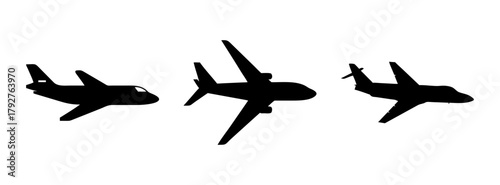 Three airplane silhouette vector graphics for aviation design and travel themed illustrations and backgrounds