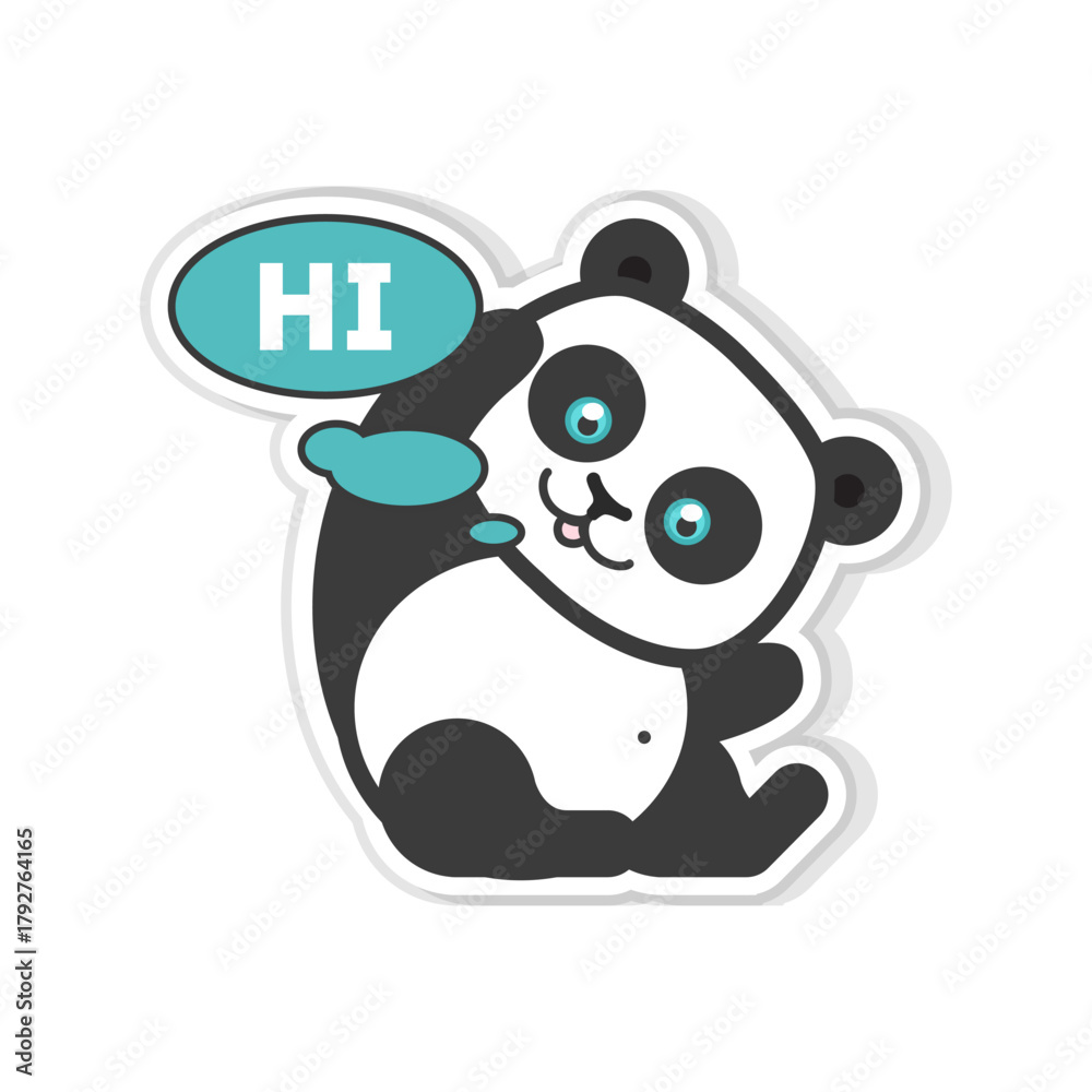 Fototapeta premium Cute cartoon panda waving and saying hi with a speech bubble, great for sticker or icon design