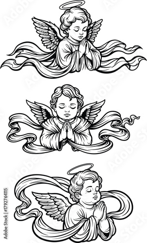 Praying Baby Angels with Ribbons, a Trio of Divine Illustrations