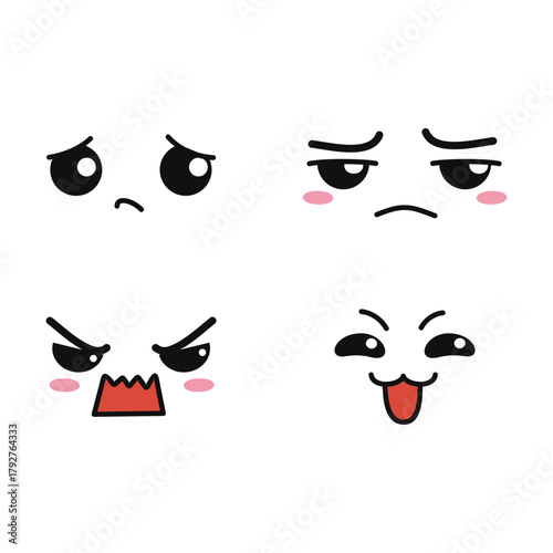 Set of four cartoon facial expressions conveying different emotions like sadness, anger, playful mischief, and contemplation