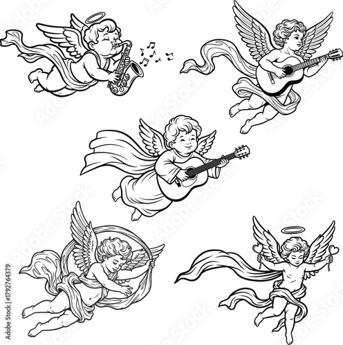 Cherubic Harmony A Collection of Baby Angels Playing Instruments in Vector Art