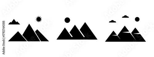 Mountain range landscape vector art illustration with sun and moon minimal design for adventure outdoors