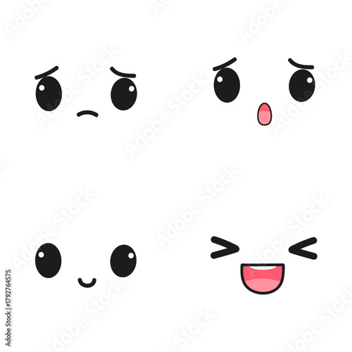 Set of four cute cartoon emoticons showing different emotions with simple black and white facial features