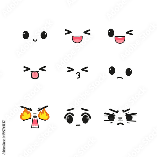 Set of nine cute and expressive cartoon facial expressions with different emotions