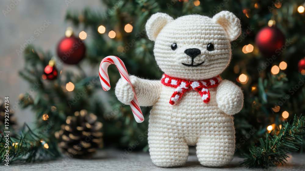 custom made wallpaper toronto digitalChristmas bear with candy cane stands in front of decorated tree with pine cones and red ornaments creating festive joyful atmosphere