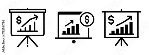 Business presentation slides showing financial growth charts and dollar sign for investment analysis