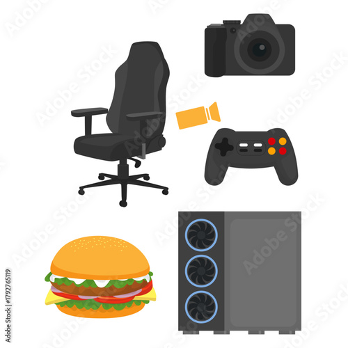 Gaming Setup Essentials Chair, Computer, Camera, and Controller with Burger