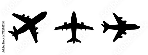 Airplane silhouette vector art: commercial aviation, aircraft design, plane travel and transport icons