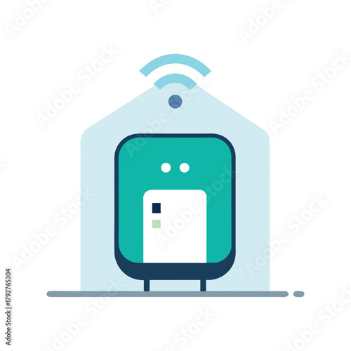Smart Device Icon with Wi- Fi Signal Inside a House Outline on White Background Keywords: smart device, technology, gadget, Wi- Fi, wireless