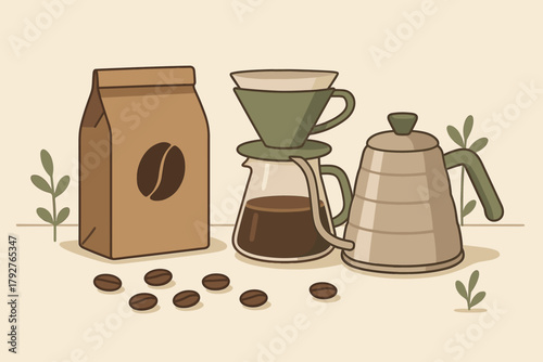 Bag sage coffee setup letters minimalist vector illustration typography dripper no negative
