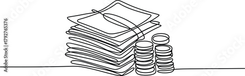 Stack of paper documents and coin money pile, one continuous line drawing. Accounting and finance concept