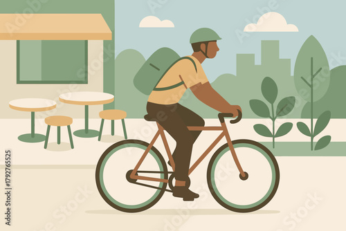 Vector cyclist cafe illustration past style cityscape emojis icon labels typography minimalist