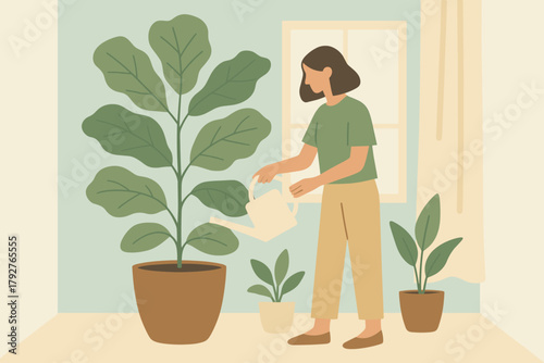 Window plant characters text nurturing earth icon soft minimalist vector labels watering