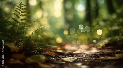 Sunlit Forest Floor with Ferns and Bokeh