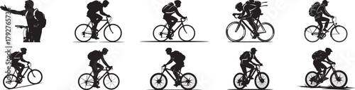 Cyclist riding silhouette vector set featuring bicycle sport poses, outdoor movement, and active lifestyle illustration