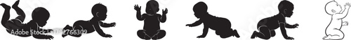 Baby silhouette vector set featuring crawling pose, sitting infant movement, playful toddler action illustration
