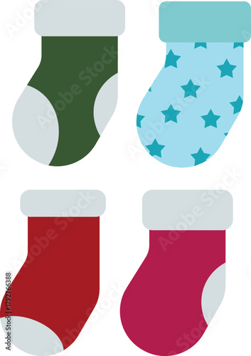 Set of Four Colorful Christmas Stockings Icons with Stars and Solid Colors
