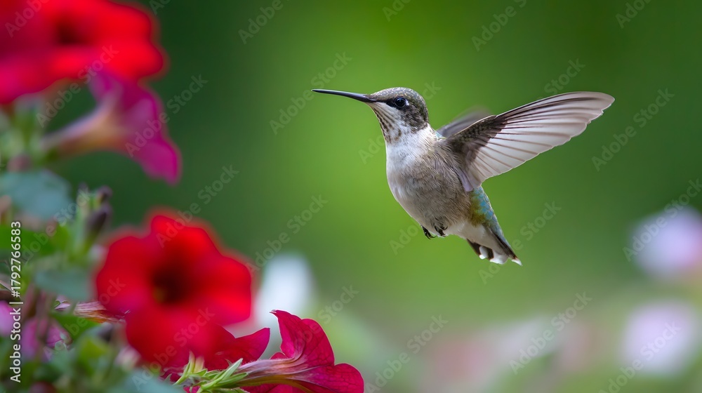 Fototapeta premium A hummingbird hovers near a red flower, its wings moving fast against a green background. 