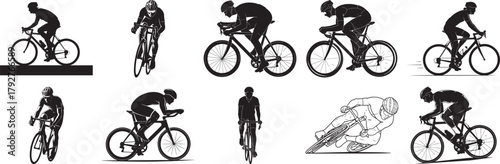 Cyclist silhouette vector set showing racing bicycle pose, athlete speed, road cycling and active sport illustration