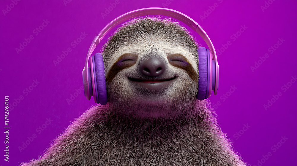 Fototapeta premium Happy sloth wearing purple headphones enjoying music animal mammal